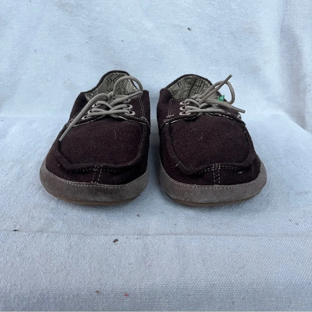 EUC Sanuk Mainsteez Men's Boat Shoes Brown Wool Suede Textile Casual Slip Ons
